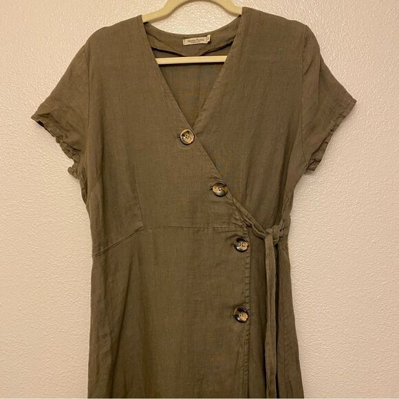 Dark Army Olive green linen wrap button front dress coastal beachy logenlook M - Picture 4 of 11